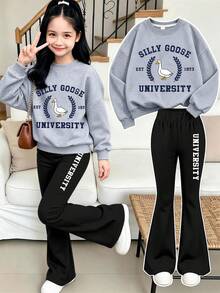 Teen Girls Casual Personalized Print Crew Neck Sweatshirt & Printed Flare Leggings 2pcs Set, Autumn Winter Outfit, Campus Style, Homecoming Look - Grey - View 1