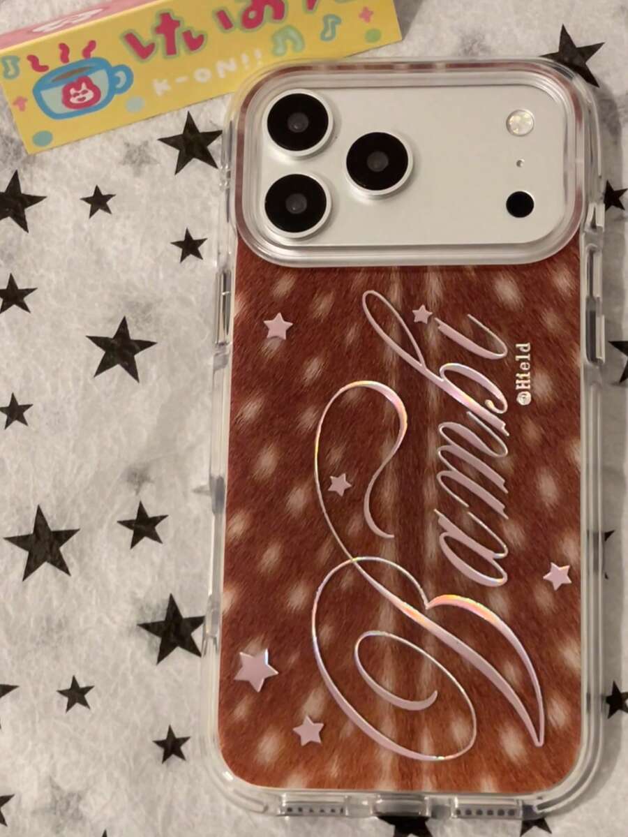 Ins Caramel Deer Pattern English Letter Round Edge Double Layer Silicone Protective Case Compatible With Apple 17 Pro Max / 16 / 15 / 14 / 13 Full Coverage Anti-Drop Korean Style - Brown - View 1