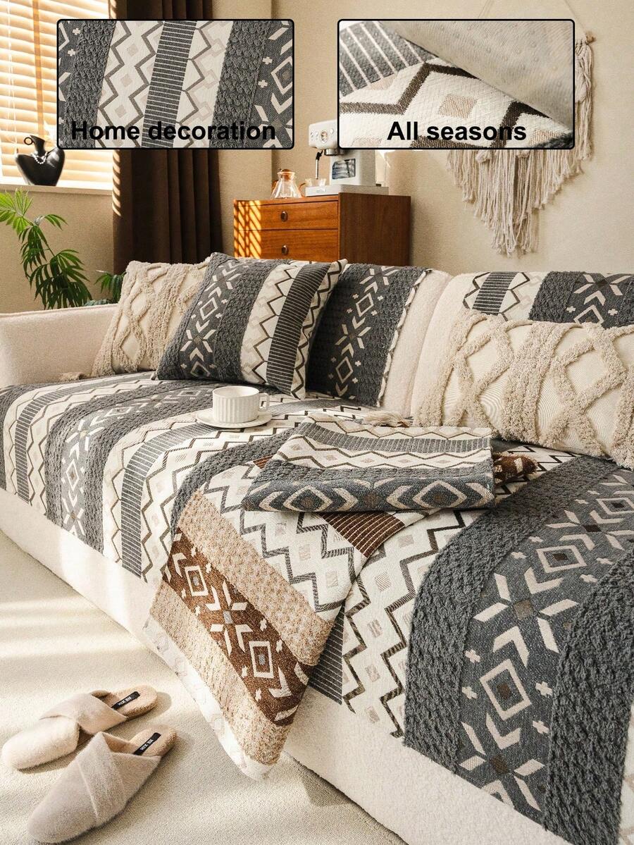 1pc Bohemian Style Sofa Cover, Multi-Color Design Sofa Cushion For All Seasons, Protect Sofa From Cat Scratching, Pet-Friendly Sofa Pad, Suitable For 1-Seater, 2-Seater, 3-Seater, 4-Seater Sofa - Grey - View 1