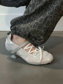 Plus Size Wide Foot Star & Moon Embroidered Criss-Cross Strap Round Toe Stiletto Heel Mary Jane Shoes - Grey - View 1
