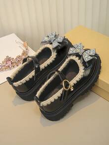 Girls' Rhinestone Bow Mary Jane Shoes, Buckle Strap Thick Sole Non-Slip Princess Shoes - Black - View 3