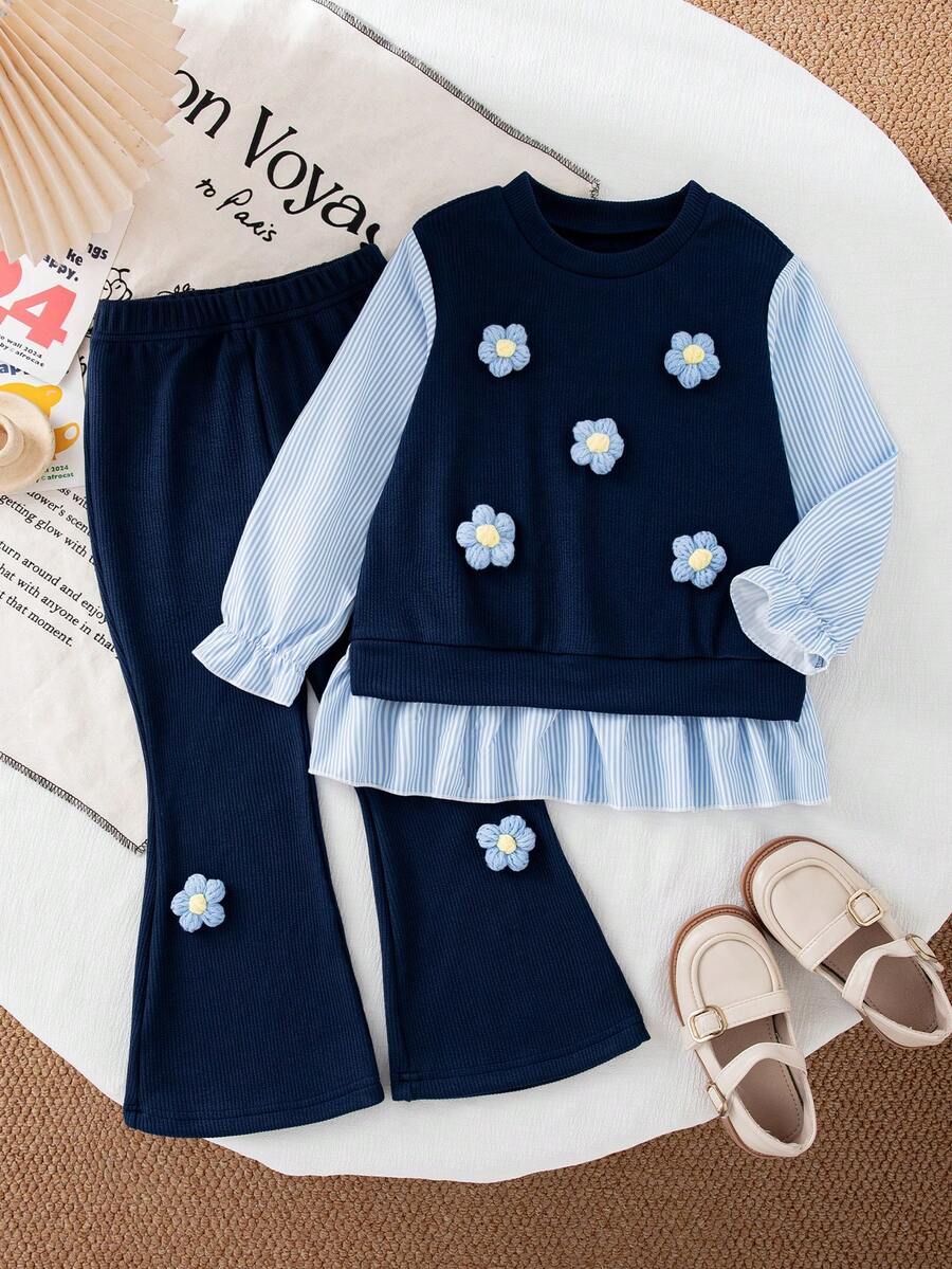 Girls' Casual Fashion Solid Color Striped Patchwork 3D Flower Embroidered Long Sleeve Top And Flared Pants 2-Piece Set For Spring And Autumn - Navy Blue - View 1