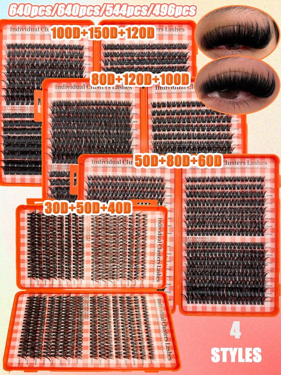 496/544/640/400 قطعة رموش فردية متجمعة، أنماط هجينة 30D-150D. مجموعة رموش DIY كثيفة وناعمة قابلة لإعادة الاستخدام. تخلق مظهرًا طبيعيًا وساحرًا. مثالية للاستخدام المنزلي، سهلة التطبيق للمبتدئين والمحترفين على حد سواء.