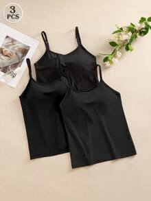 3pcs/Pack Multi-Color Solid Underwear Tank Tops, Fixed Cup With Adjustable Straps, Soft Suit-Like Fabric Layering Camisole - Black - View 2