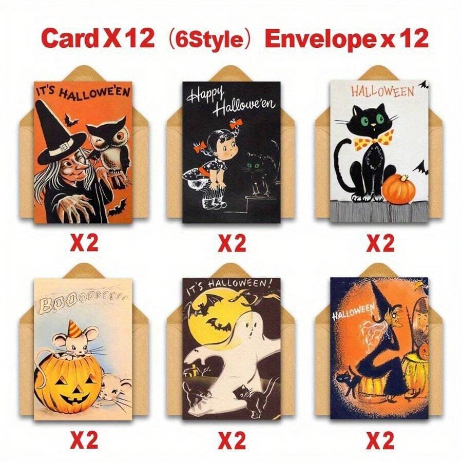 24 Vintage Halloween Greeting Cards With Envelopes, Birthday Wish Cards, Gifts For Classmates, Friends, Family UHSN - Sets - View 1