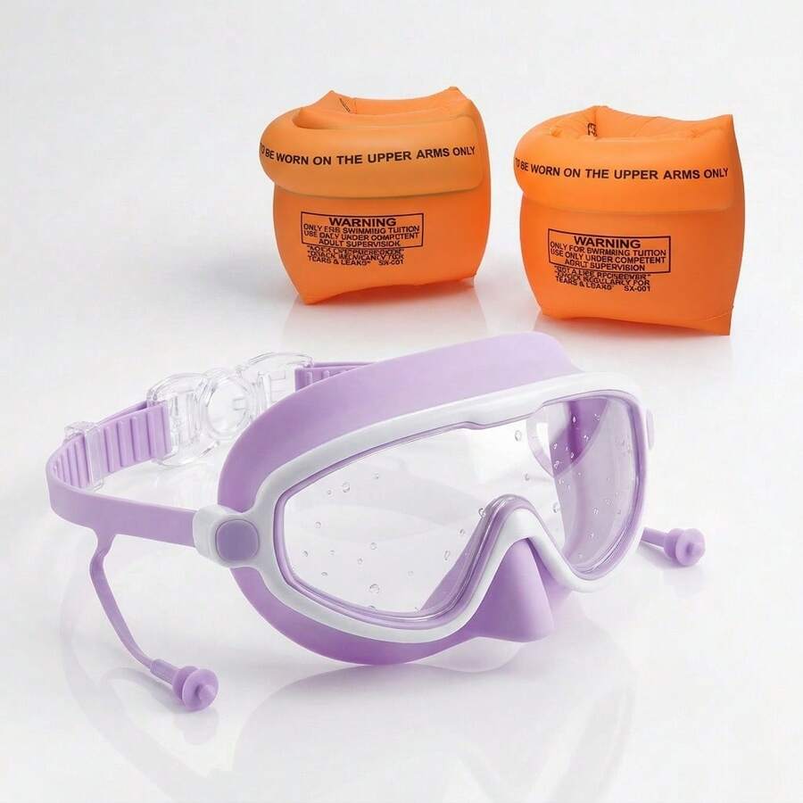 Large Frame Anti-Choke Mask-Style Swimming Goggles & Arm Floats Set, Kids 3-8 Years Old, Nose Cover Design, Waterproof High-Definition Vision, Anti-Fog Lens, Silicone Earplugs, Unisex Swimming Gear - Multicolor - View 1
