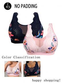 2pcs/Set Casual Comfortable Minimalist Plus Size Women's Bra, Printed Design With Lace Patchwork, Wireless Soft Comfortable Lingerie - Multicolor - View 6
