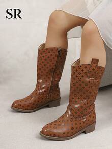 Children's Vintage All-Over Print Side Zipper Western Boots, Fashionable & Exquisite Mid-Calf Boots, Suitable For Daily Wear, Autumn/Winter Essential Item - Brown - View 7