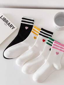 1/5 pares de calcetines de media caña estilo universitario para mujer con rayas de corazón, puño acanalado de doble raya, calcetines deportivos casuales para correr, fitness, yoga, pilates, suaves y transpirables para el uso diario, simples y cómodos, adecuados para todas las estaciones - Multicolor - Ver 12