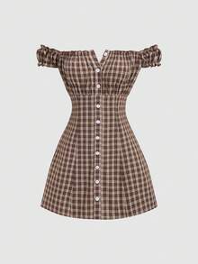 Vestido mini de mujer de moda casual, ajustado y con hombros descubiertos a cuadros - Rojo cereza - Ver 1