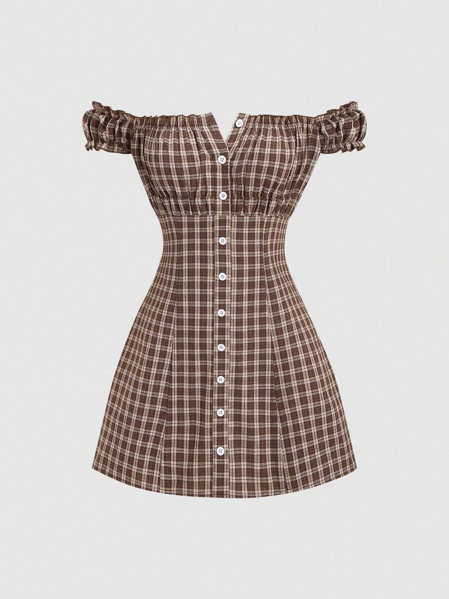 Vestido mini de mujer de moda casual, ajustado y con hombros descubiertos a cuadros - Rojo cereza - Ver 1