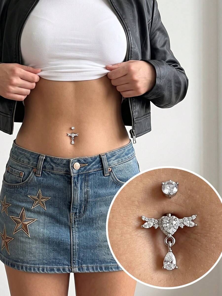 4Pcs Vintage Angel Wing Heart Zirconia Dangle Steel Belly Rings, Belly Piercing, Piercing Nombril, Belly Button Jewelry For Women Concert Evening Wear - Multicolor - View 1