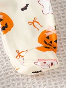 1pc Newborn Baby Girl Cute Comfortable Soft Long Sleeve Pumpkin Print Bodysuit With Headband Thin Spring Autumn Halloween Outfit - Apricot - View 9