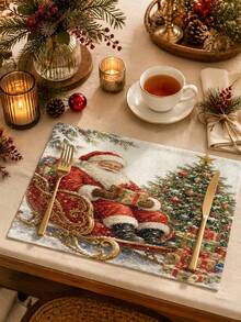 Christmas Table Runner, Throw Pillow, Placemat, Vintage Santa Claus Sleigh Gift Christmas Tree Print, Winter Snow Scene, Kitchen Dining Room Holiday Tabletop Decor - Multicolor - View 5