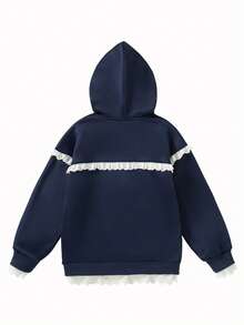 Sweatshirt Hoodie Kasual Fashion Anak Perempuan dengan Hiasan Renda, Jaket Pendek Longgar dengan Resleting, Musim Gugur/Musim Dingin - Navy Blue - View 3