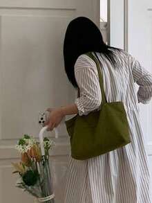 美式Ins風甜酷辣妹橄欖綠通勤逛街日常購物手提肩背托特包 大容量腋下托特包 大包 可愛包 - 橄欖綠 - 查看 4