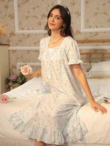 RS Pajama1 Floral Print Bubble Crepe Ruffle Short Sleeve Nightgown With Bow Decor, Square Neck - Baby Blue - View 6