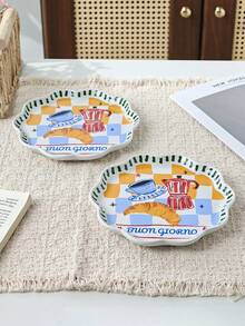 1pc Ins Style Cute Coffee & Bread Print Ceramic Plate, Home Breakfast Bread Plate, Western Dinner Plate, Steak & Pasta Plate, Fruit & Salad Plate, Holiday Gift - Multicolor - View 4