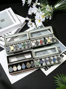 Watch Box Silver Frame6-Slot Watch CaseWith Large Glass Lid RemovableWatch Pillows Watch BoxOrganizer Gift For Loved OnesSynthetic Leather Gray Lining Jewelry Box Organizer Watch Box Watch Case Watch Organizer Jewelry Organizer - Multicolor - View 8