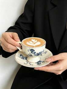 1pc Vintage Gold Rim Floral Ceramic Coffee Cup & Saucer, European Style Tall Latte Cup, Espresso Cup & Saucer Set For Home Afternoon Tea - Multicolor - View 11