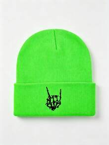1pc Y2K Gothic Skeleton Rock Gesture Embroidery Knit Beanie, Unisex Streetwear Warm Cuffed Knitted Hat For Halloween Fall Winter - Finger - View 14
