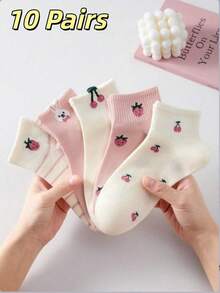 5 Pairs Women's Cute Sweet Breathable Strawberry Cherry Rabbit Pattern Short Invisible Boat Socks Ankle Socks Casual Socks Ins Style Fashion White Pink Socks Suitable For Spring Summer And All Year Round - Multicolor - View 8