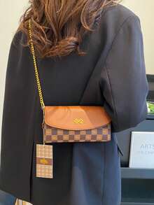 Classic Checkerboard Patchwork Contrast Color Shoulder Bag, Horizontal Compact Body Can Store Phone, Lipstick, Powder, Keys And Other Small Personal Items, Paired With Metal Chain Strap, Flap Magnetic Closure, Suitable For Commuting, Work, Dating, Shopping And Daily Outings - Brown - View 6