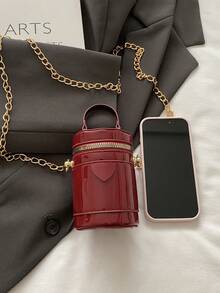 Tas Ember Rantai Kulit Paten Warna Polos Mini, Ukuran Mini, Bisa Digenggam & Diselempangkan, Tas Kosmetik, Tempat Lipstik - Burgundy - View 8