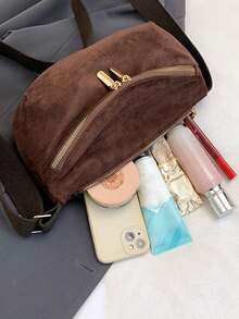 Women Vintage Suede‑Texture Crossbody Sling Bag, Dark Brown Soft Faux Suede Hobo Shoulder Bag, Multi‑Zipper Pocket Casual Crescent Messenger Purse. - Coffee Brown - View 6
