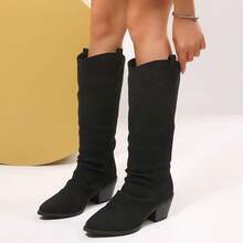 2026 Autumn New Ruched Boots, Women's Mid-Calf Denim Knee-High Boots, Western Style Tall Boots, Pointed Toe Chunky Square Heel Relaxed High-Shaft Boots, Black Disco Party Dress Boots, Suitable For Nightclub Outings - Black - View 4