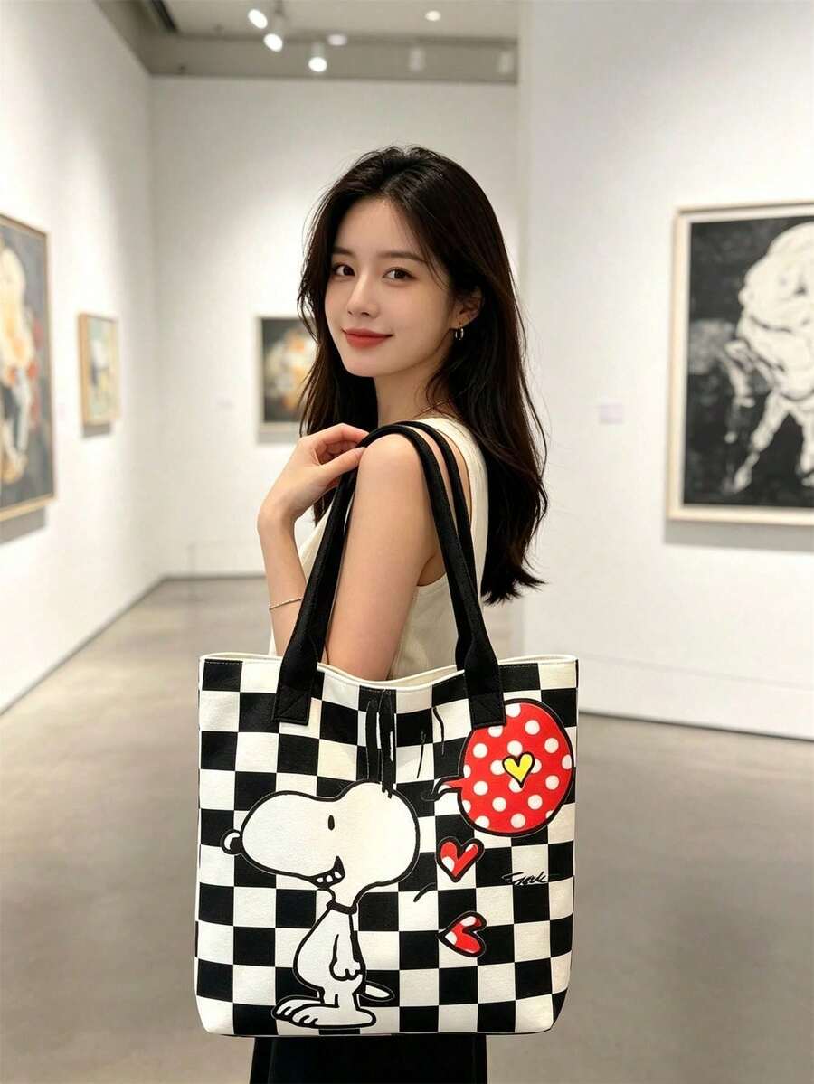 SNOOPY 1件史努比卡通印花大容量帆布托特包,休閒單肩手提包,適合日常通勤與上學,生日、情人節、開學與畢業的理想禮物 - C - 查看 1