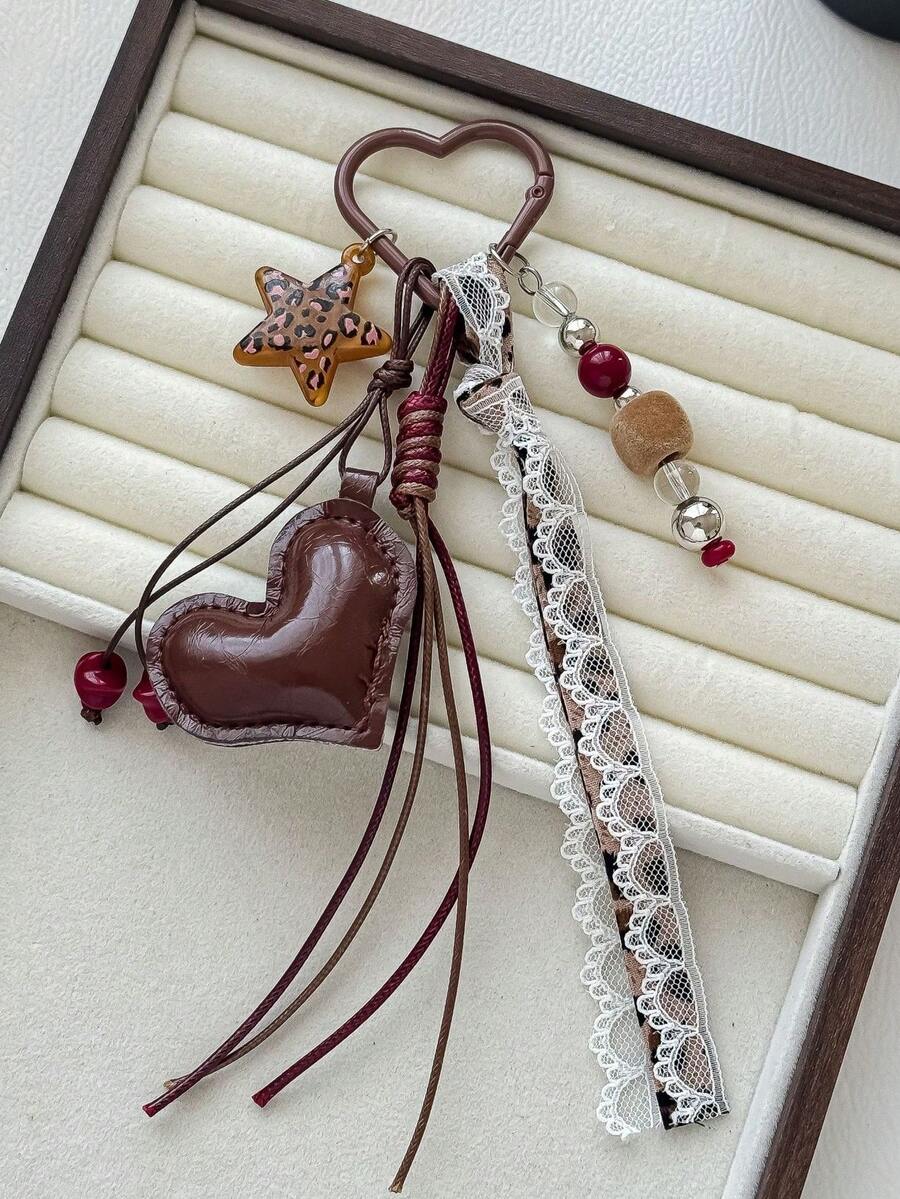 1pc Vintage Leather Heart-Shaped Bag Charm With Leopard Print, Star, Tassel And Beaded Keychain, Autumn/Winter Coffee Color - Multicolor - View 1