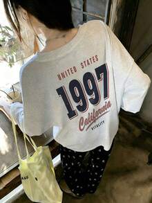 Kaos Lengan Panjang Wanita Gaya Vintage Longgar Serbaguna dengan Motif Cetak Huruf, Model Kasual untuk Musim Semi dan Gugur. - Abu-abu muda - View 3