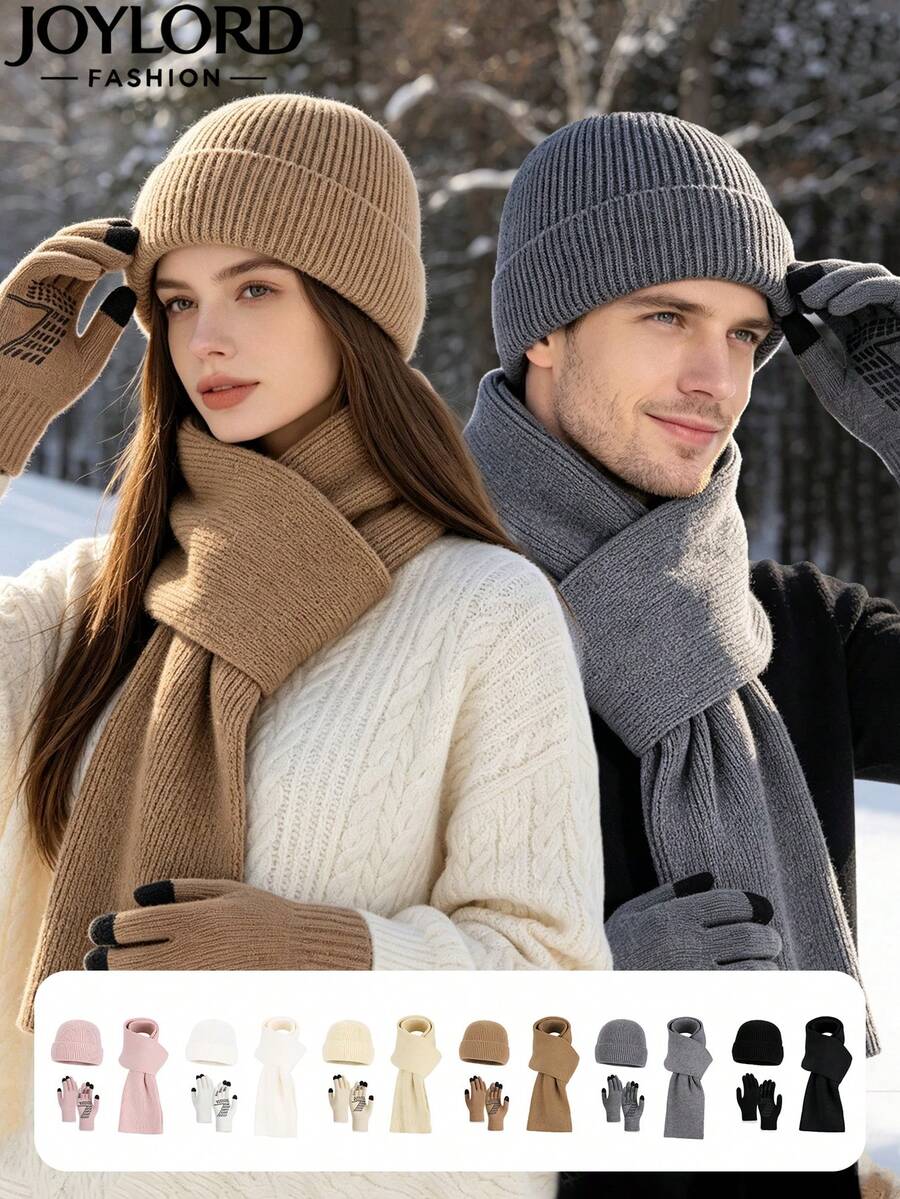 JOYLORD 3pcs/1pc Winter Men's Hat Gloves Scarf Set Acrylic Material Winter Warm Knitted Hat Outdoor Cycling Ear Protection Woolen Single Hat