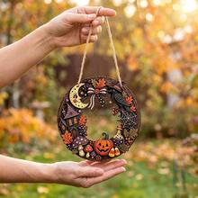 Halloween Wooden Hollow Round Ring Hanging Decoration Pumpkin Spider Web Magic House Holiday Atmosphere Decor - Multicolor - View 2