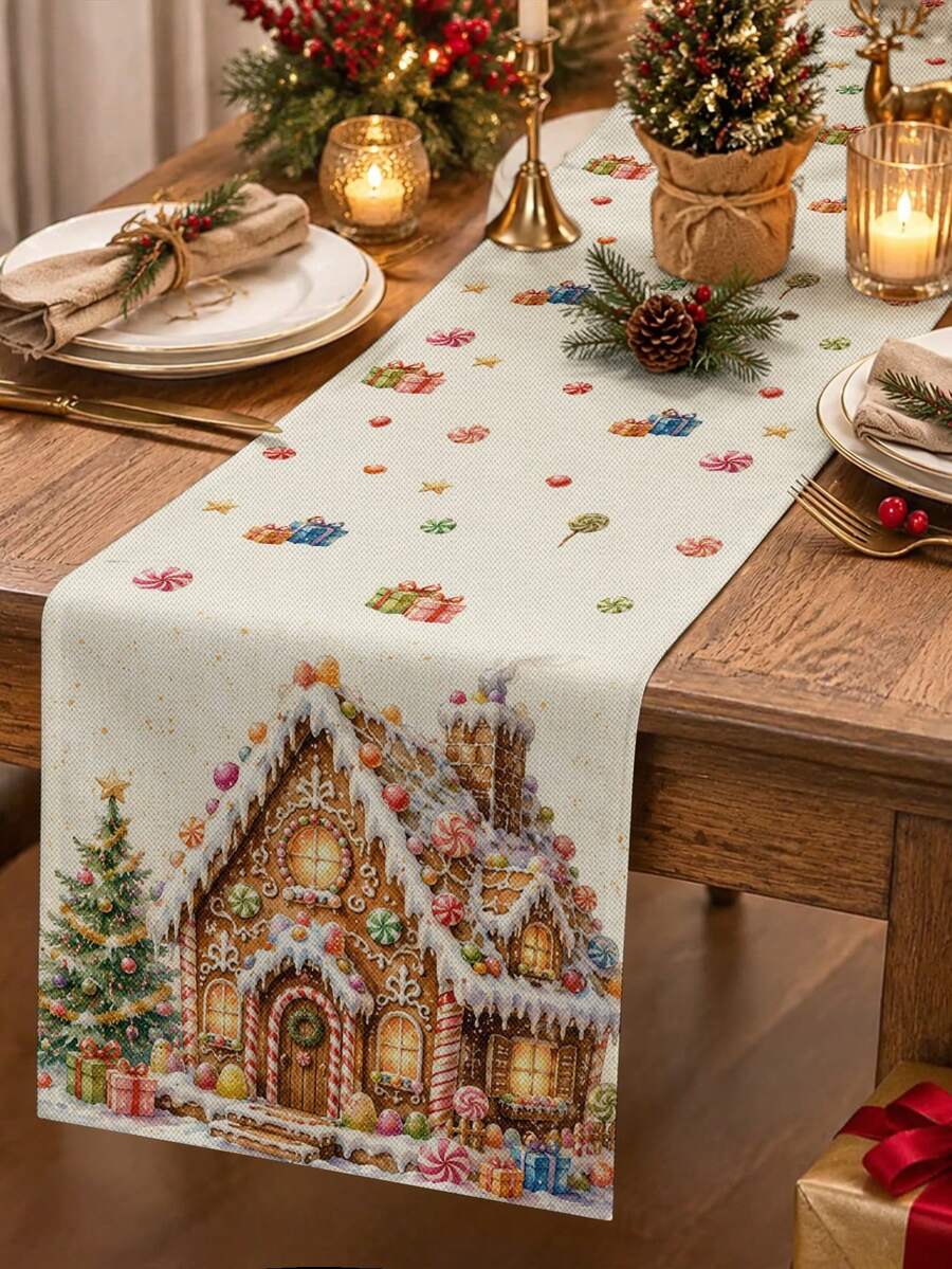 Christmas Table Runner, Throw Pillow, Placemat With Gingerbread House, Candy, Christmas Tree And Gift Print, Cute Cartoon Style, Holiday Kitchen And Dining Room Tabletop Decor - Multicolor - View 1