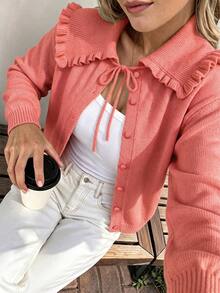 Women's Autumn/Winter Vintage Large Lapel Ruffle Knit Cardigan, Girlish Frill Collar Knit Cardigan Fall - Watermelon Pink - View 2