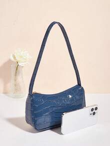 Glossy Crocodile Embossed Minimalist Shoulder Baguette Bag - Blue - View 5