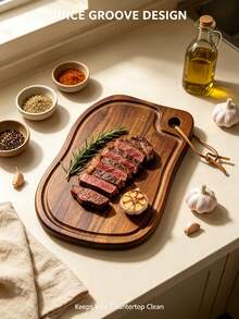 Wooden Cutting Board, Household Kitchen Chopping Board, Deep Groove Design, Double-Sided Wooden Serving Tray, Leather Hanging Strap, Home Kitchen Essential, Suitable For Cutting Meat, Fruit, Vegetables, Cheese, Breakfast, Dinner, Party Decorative Platter - Khaki - View 4