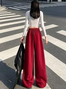 Celana Panjang Wanita Warna Burgundy Model Lurus dengan Tali Serut, Bahan Poliester, Gaya Streetwear Poliester Panjang dan Longgar Warna Merah - Merah - View 2
