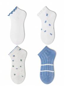 ZUJO 4 Pairs Women's Blue & White Ruffle Trim Short Socks, Floral & Bow Pattern, Suitable For All-Year Home & Travel, Random Color - Multicolor - View 5