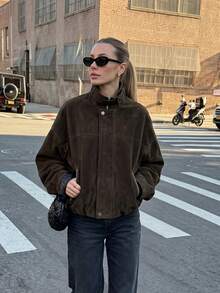 Women's Autumn Long Sleeve Suede Stand Collar Loose Jacket Fashion Style - Brown - View 3