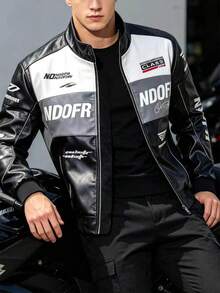 New Motorcycle Leather Jacket Men, Color Block Racing Coat Jackets, Loose Fit Brand,Fleece,Winter Black Sports - Black - View 1