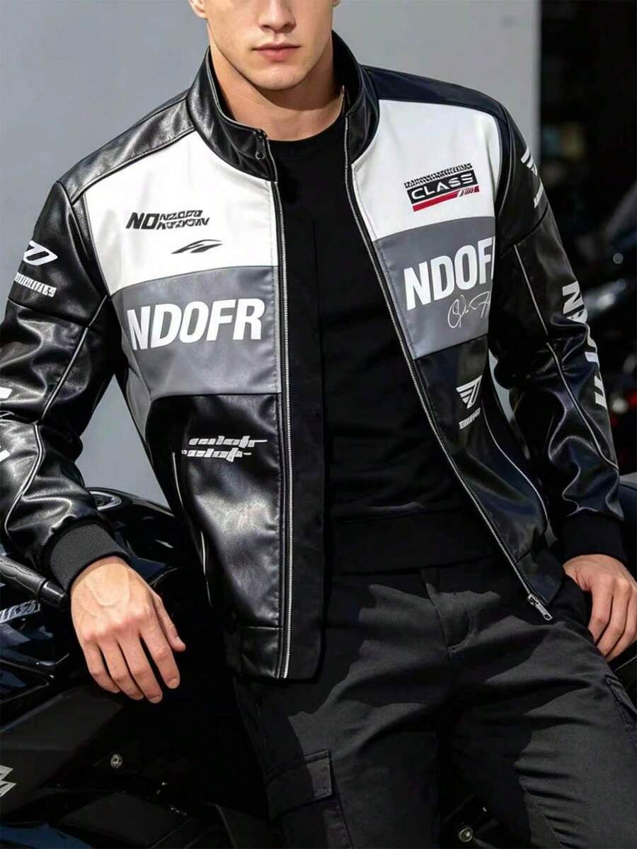 New Motorcycle Leather Jacket Men, Color Block Racing Coat Jackets, Loose Fit Brand,Fleece,Winter Black Sports - Black - View 1