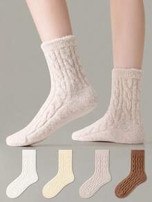 ZUJO 2 Pasang Kaos Kaki Wanita Bahan Coral Fleece Setinggi Betis, Motif Rajutan Kabel, Cocok untuk Musim Gugur/Musim Dingin, Cocok untuk Suhu 5-15℃, Kaos Kaki Hangat untuk di Rumah, Warna Acak - MultiWarna - View 1