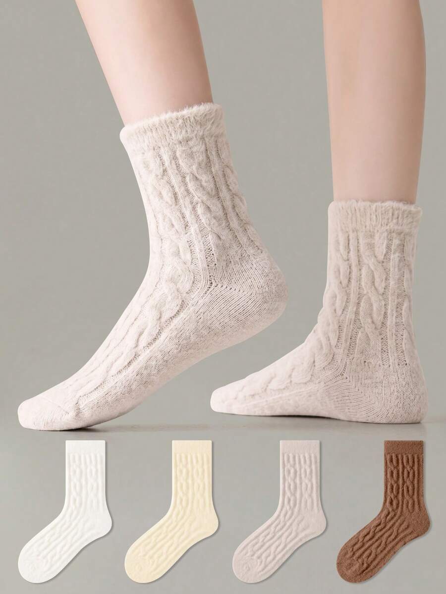 ZUJO 2 Pasang Kaos Kaki Wanita Bahan Coral Fleece Setinggi Betis, Motif Rajutan Kabel, Cocok untuk Musim Gugur/Musim Dingin, Cocok untuk Suhu 5-15℃, Kaos Kaki Hangat untuk di Rumah, Warna Acak - MultiWarna - View 1