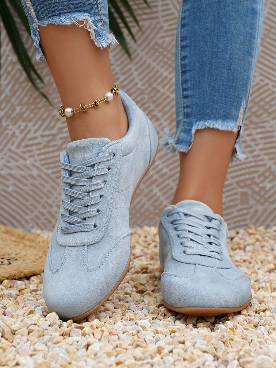 Grey-Blue Faux Suede Lace-Up Sneakers, Women's Soft Flat Casual Retro Training Shoes, Suitable For Daily Walking - Baby Blue - View 1