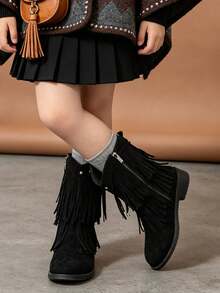 1 Pair Kids Vintage Western Style Tassel Mid-Calf Boots With Rivet Decor And Side Zipper, Suitable For Holiday Outings, Retro Outfit Styling, Autumn/Winter - Black - View 2