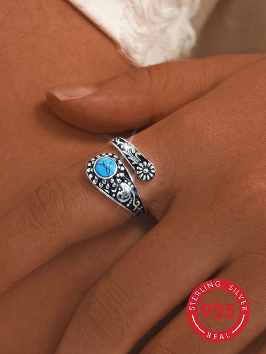 A Fashionable, Vintage And Elegant 925 Sterling Silver Ring With Faux Turquoise Floral Design, Suitable For Women To Wear At Parties, Banquets, Weddings, Holidays And Birthdays, Also Can Be Given As A Gift To Friends And Family