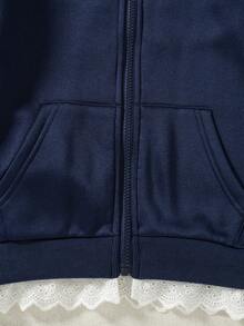 Sweatshirt Hoodie Kasual Fashion Anak Perempuan dengan Hiasan Renda, Jaket Pendek Longgar dengan Resleting, Musim Gugur/Musim Dingin - Navy Blue - View 9